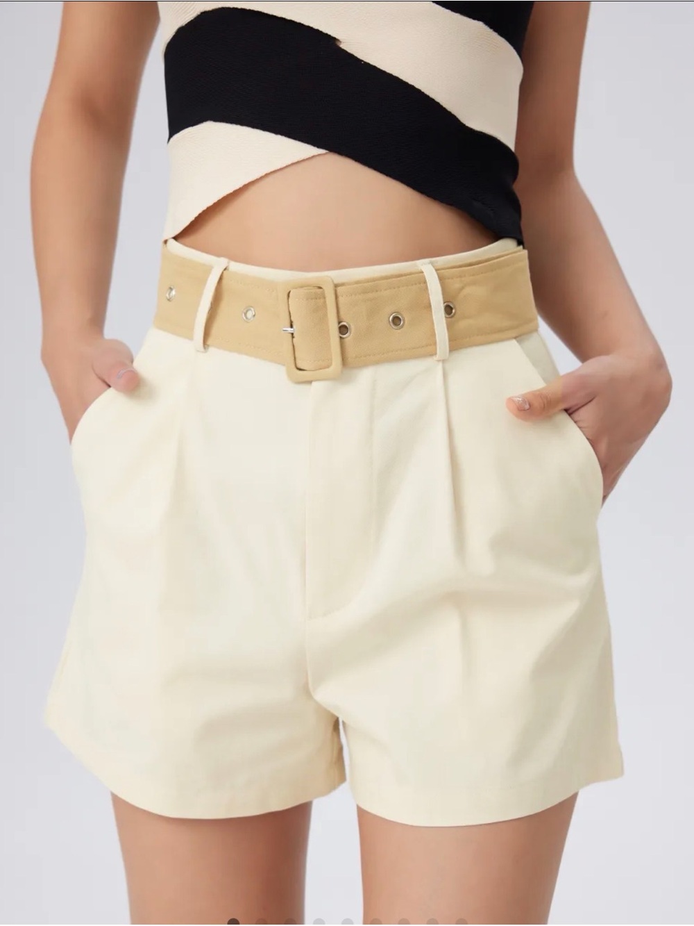 Cider Classic Cream High-Waist Shorts with Tan Belt Accent